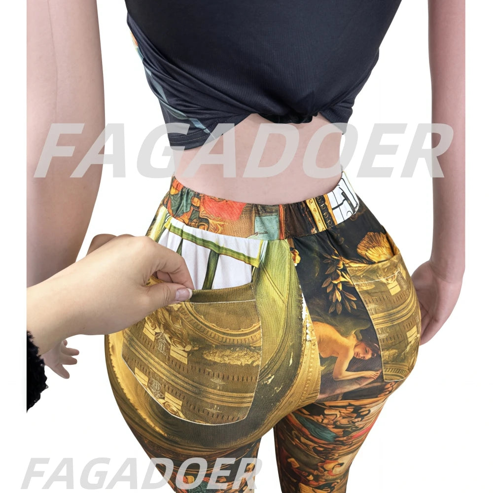 FAGADOER Fashion Print 2 Piece Sets Woman Outfit Oil Painting Sleeveless Crop Top And Pants Female Streetwear Summer Spring New