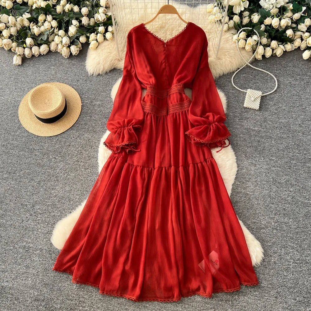 Elegant French V-Neck Waist-Cinching Maxi Dress for Women