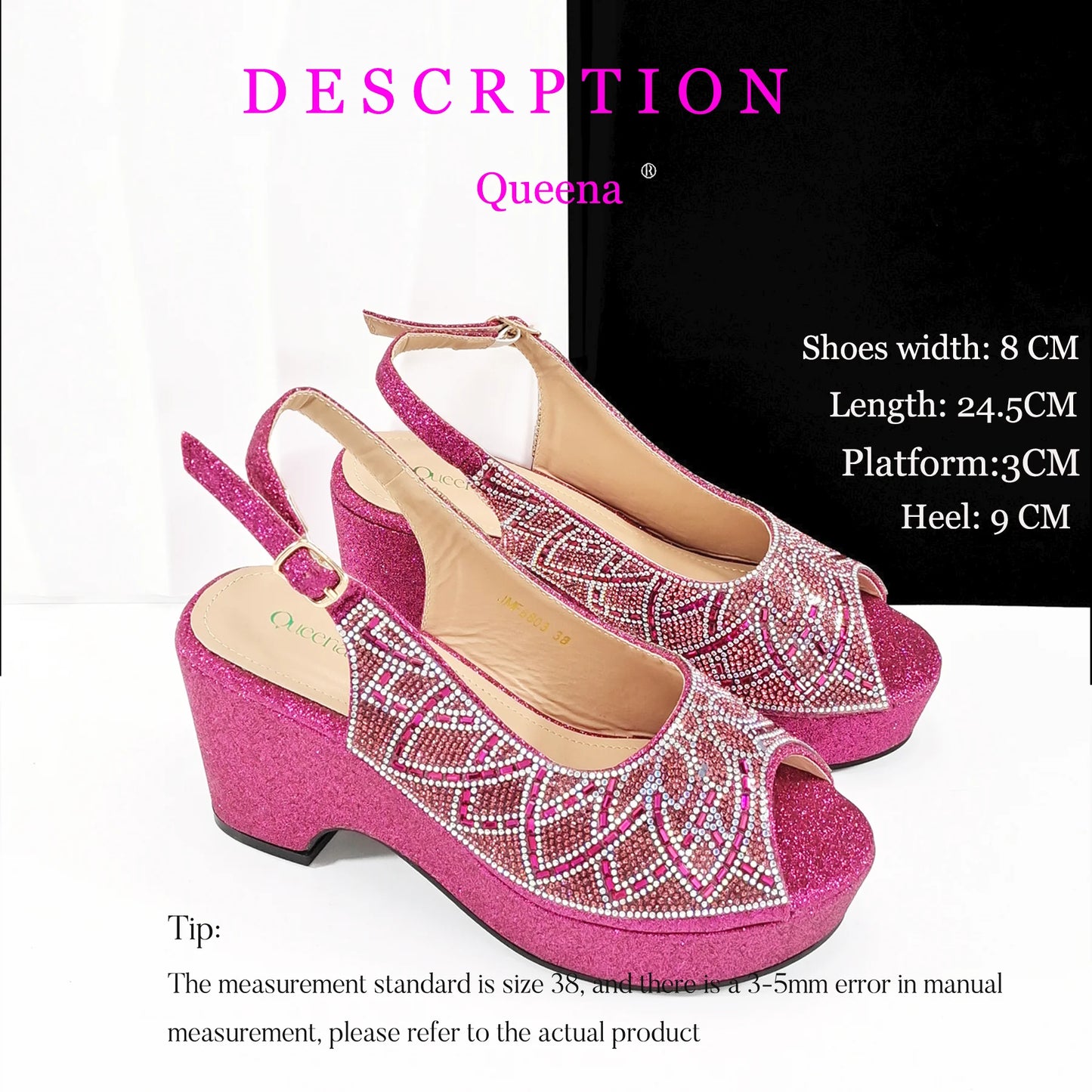 Queena Yan 2025 Italian design full rhinestone detailing comfort platform heels and matching bag Women's Fashion Peep Toe Shoes