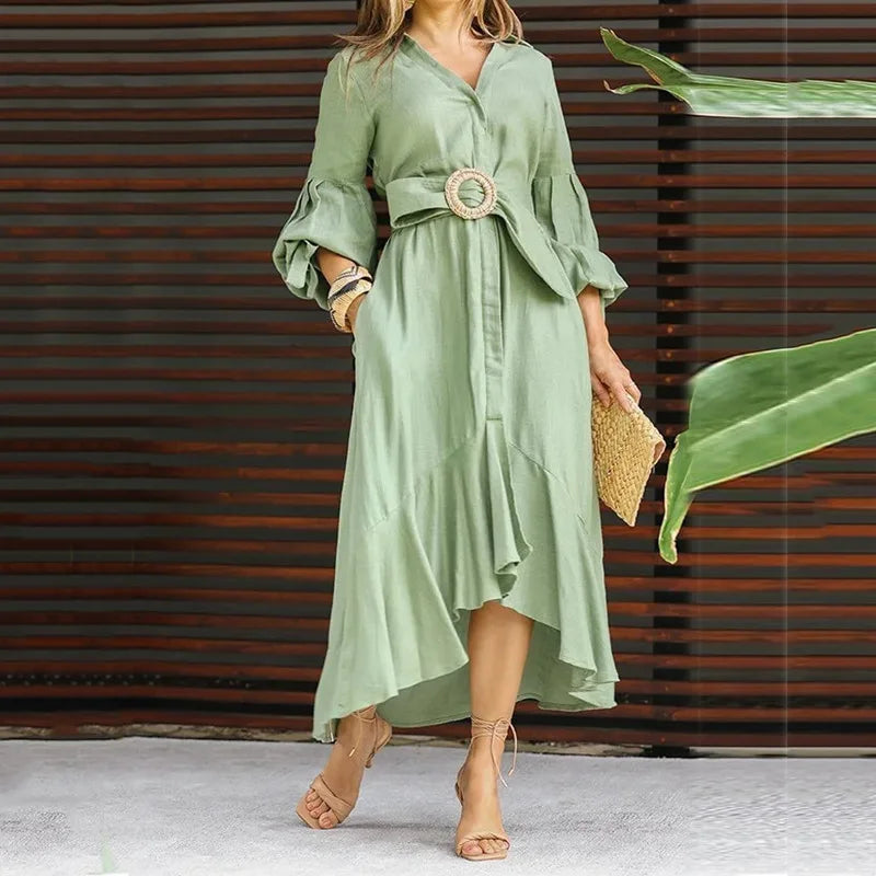 Casual Summer Dress With Turn Down Collar And Pockets for Women