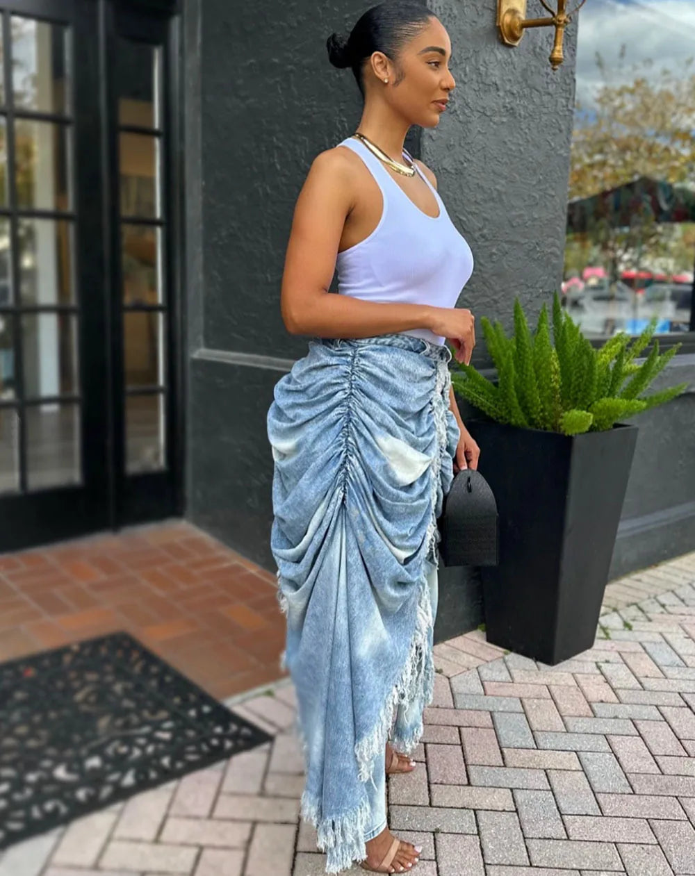 Washed Patchwork Denim Straight Pleated Pants For Women
