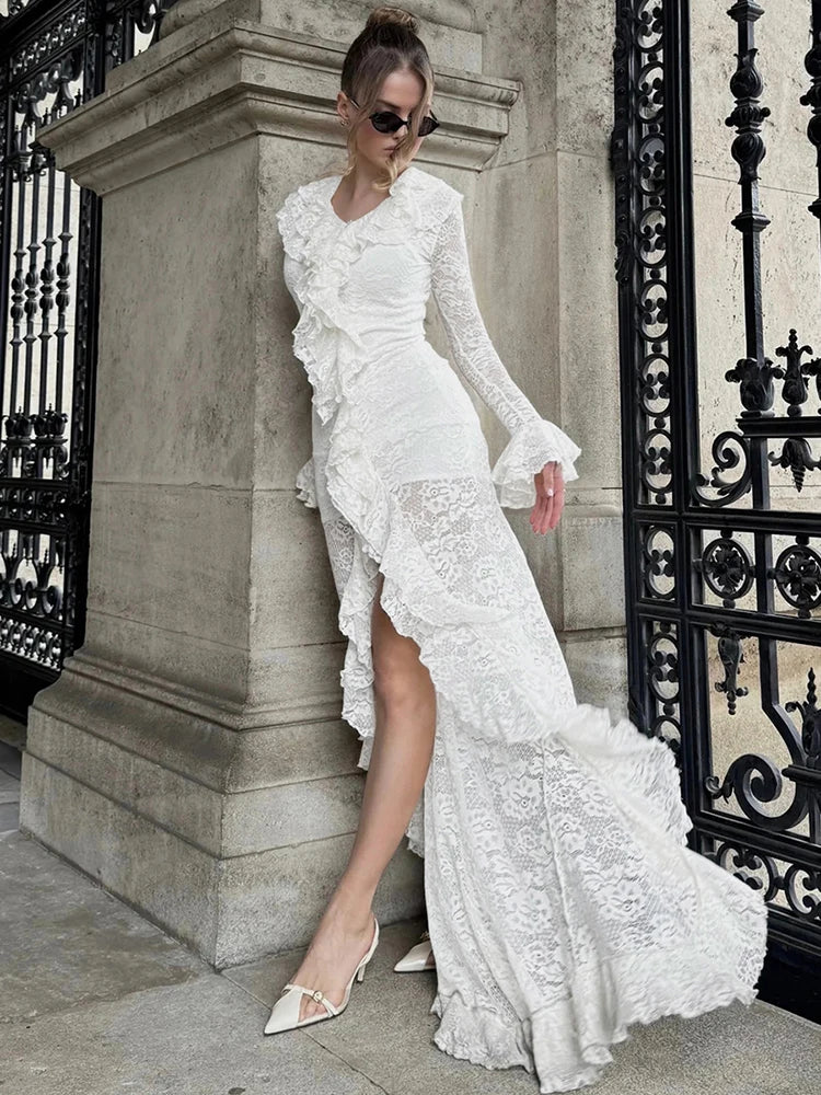 Cutenew Lace Stacked Women Maxi Dresses Romantic French Full Sleeve Ruffle Neck Split Bodycon Female Sexy Sheer Trend Vestidos