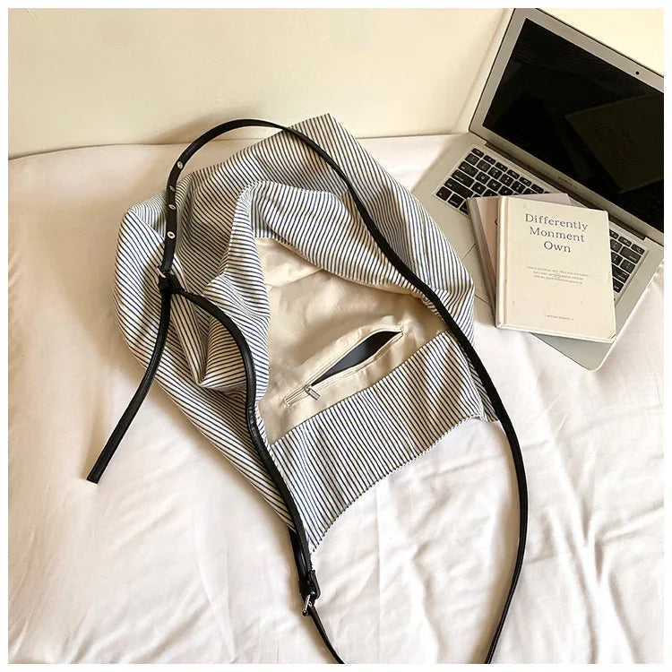 Casual Stripe Canvas Lightweight Shoulder Tote Bag for Women