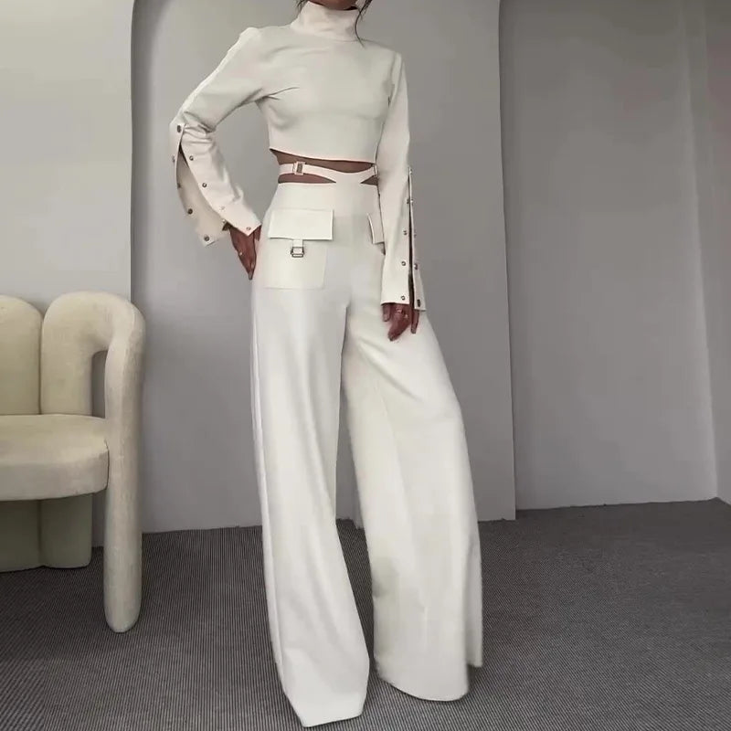 Turtleneck Top And Wide Leg Pants Set