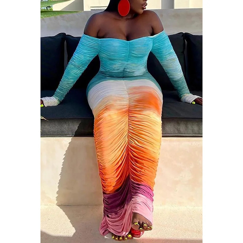 Plus Size Multicolor Tie Dye Ruched Off Shoulder Maxi Dress for Women