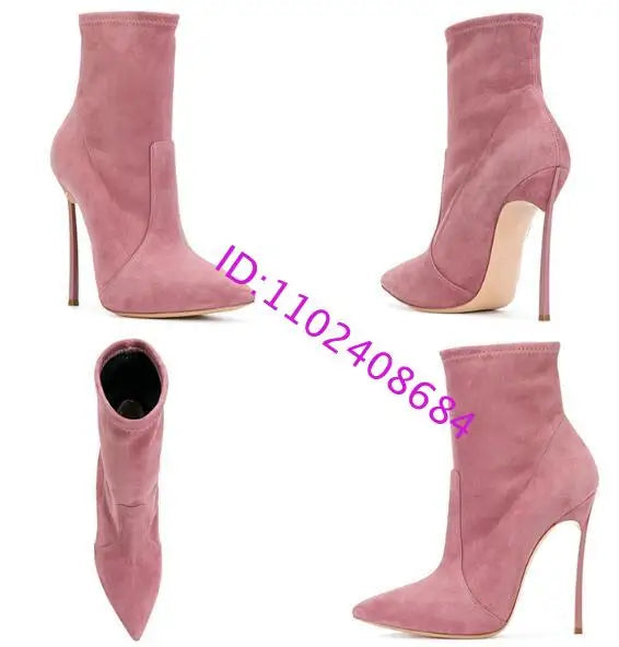 Spike High Heel Woman Ankle Boots Large Size Custom New Suede Pointed Toe High-Heeled Sexy Stretch Short Woman Boots