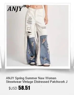 ANJY Summer New Women's High Street Fashion Unique Design Denim Patchwork Contrast Color Button Vest Casual Wide Leg Pants A7944
