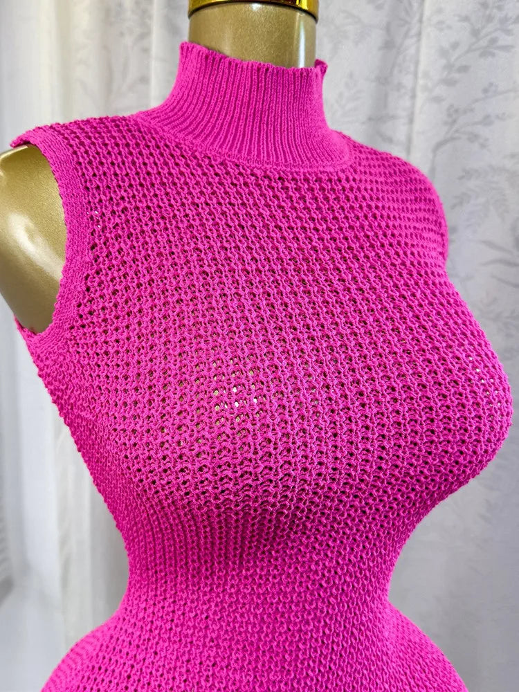 Elegant Round Neck Sleeveless Tassel Hem Bodycon Mini Knitted Dress for Women