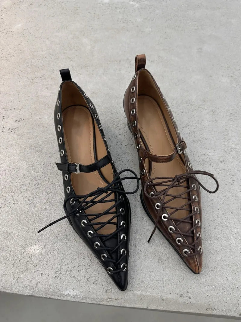 Retro Pointed Toe Lace-Up Rivet Detail Pumps for Women