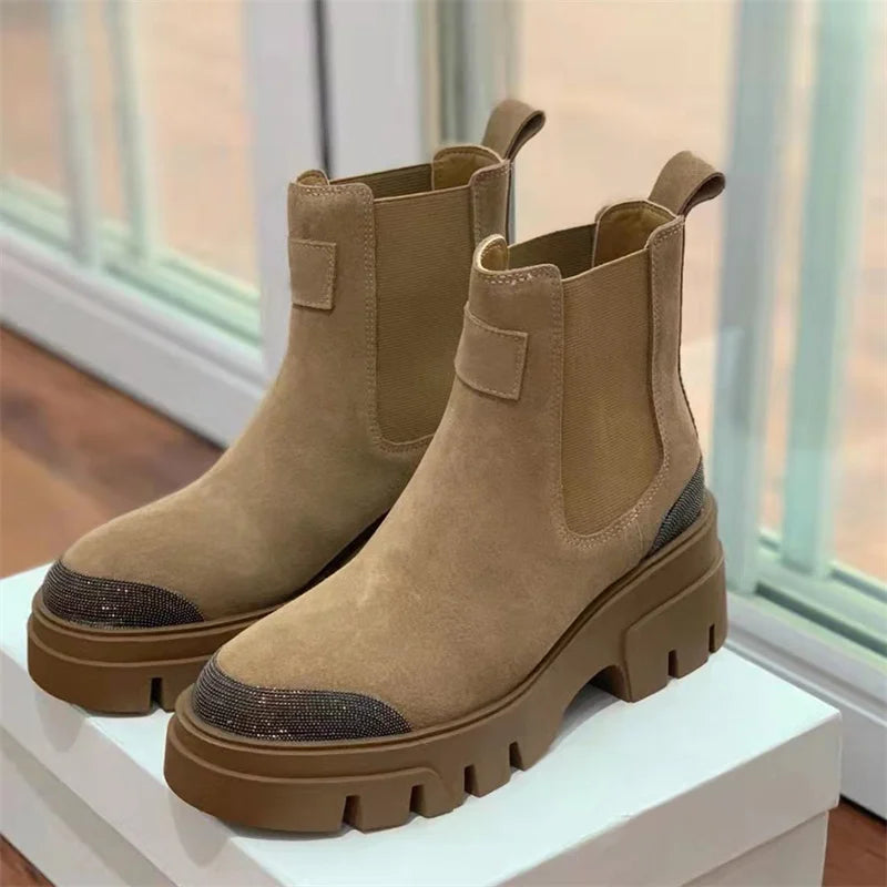 Thick Sole Suede Chelsea Boots With Round Toe For Women