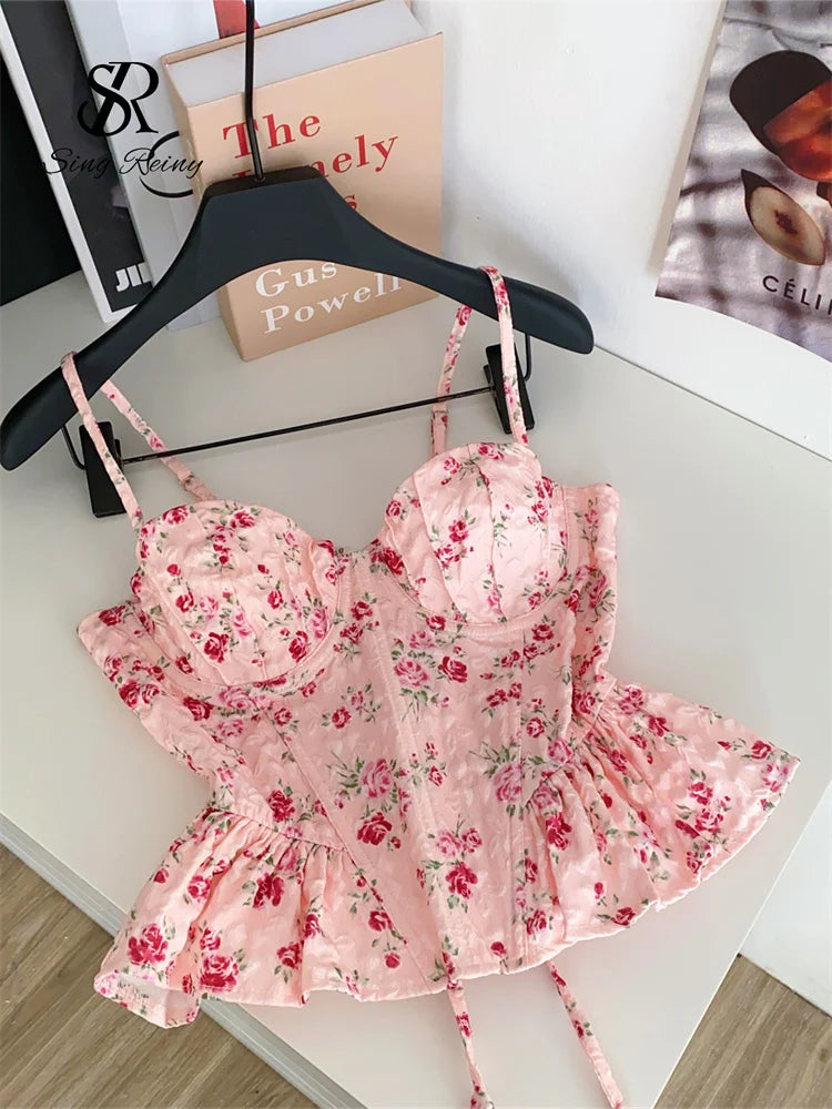 French Corset Print Ruffle Strap Tank Top for Women