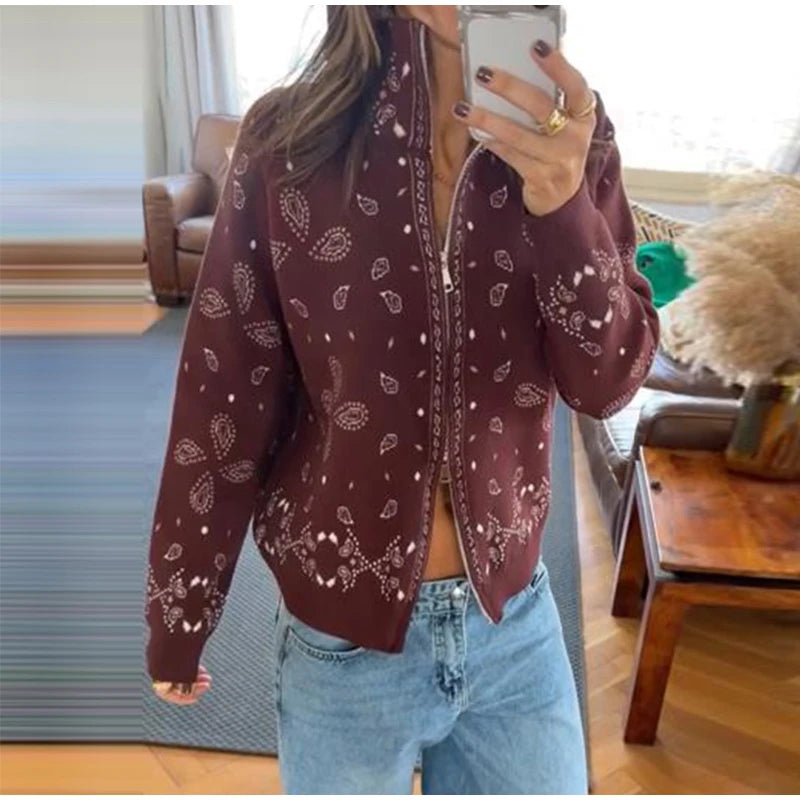 Vintage Printed Knit Stand Collar Zip Cardigan for Women