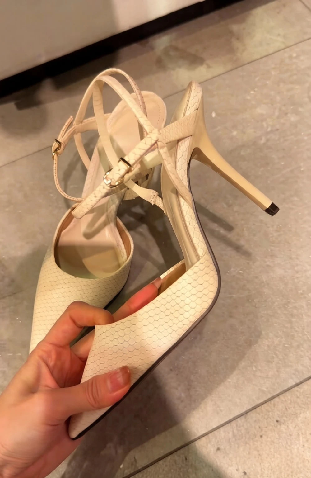 Cream Snake Print Leather Stilettos