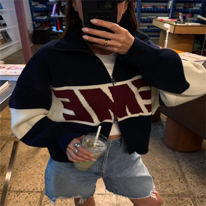 Letter Women 's Sweater Stand Collar Y2k Knit Sweaters For Woman Zipper Full Sleeve Tops Female 2025 Winter Men Jacket Knitwear