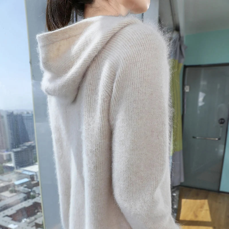 Loose Hooded Cashmere Knit Zipper Cardigan for Women
