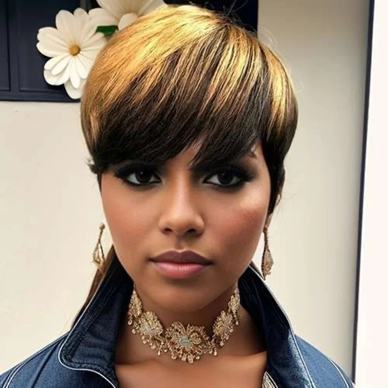 Ombre Honey Blonde Pixie Cut Human Hair Wig for Women
