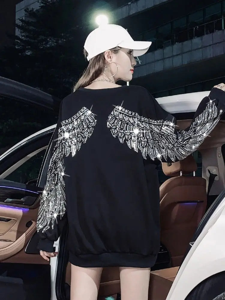 Tees Graphic Glitter Female Tops Loose Tshirts Rhinestone Women's T Shirts Black Clothes Sequin 2025 Aesthetic Coquett Pulovers