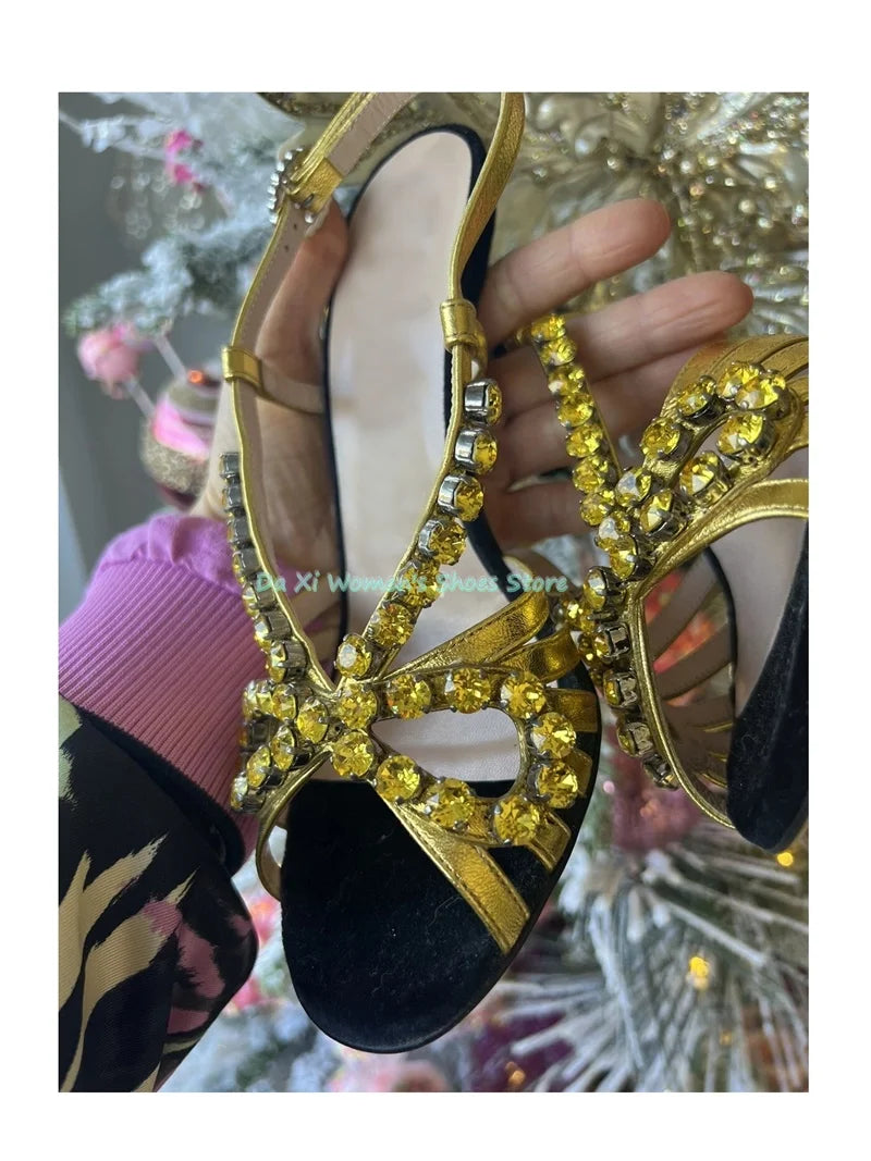 Rhinestone Bow Open Toe Velvet Stilettos for Women
