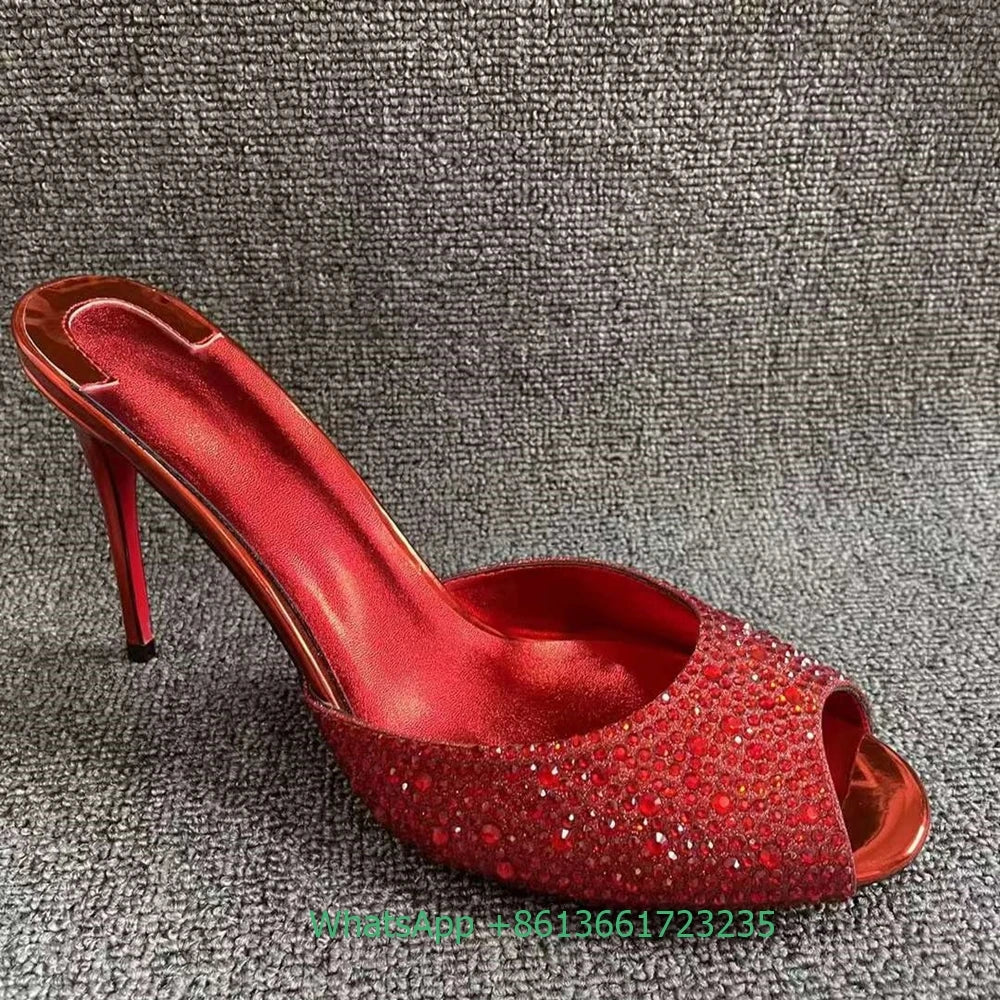 Elegant Rhinestone Peep Toe Stiletto Heel Slides For Women