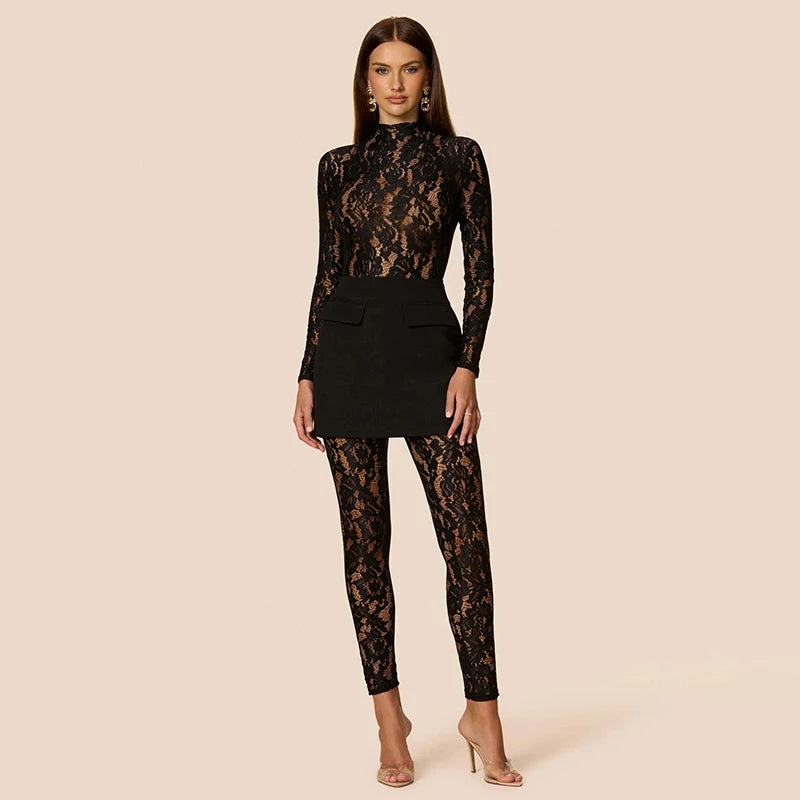 Elegant Sheer Lace Long Sleeve Skinny Jumpsuit for Women