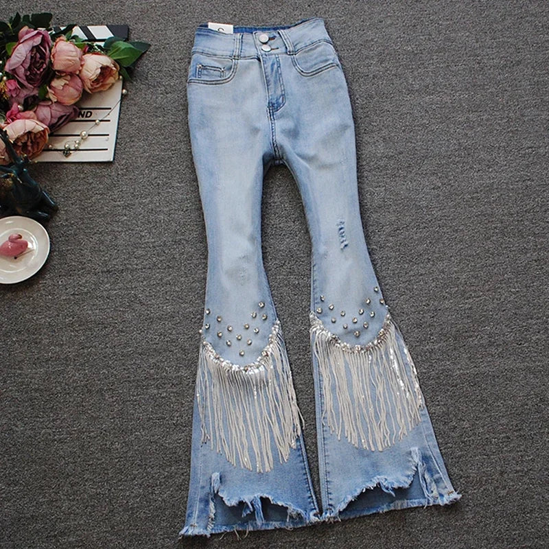 Beaded Studded Diamond Fringe Cropped Jeans for Women