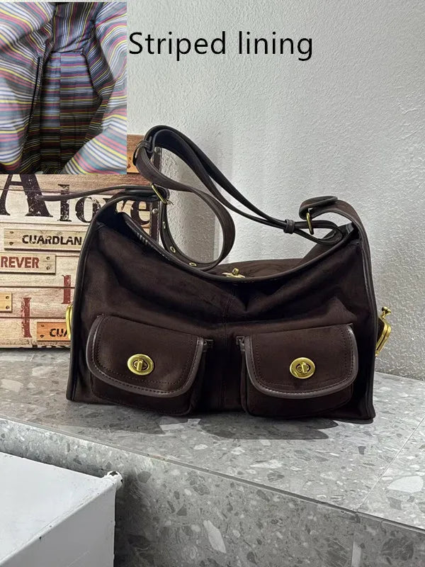 Casual Commuter Large Capacity Suede Pillow Bag Single Shoulder Crossbody Bag Vintage Style Polyester Lining Zipper Closure