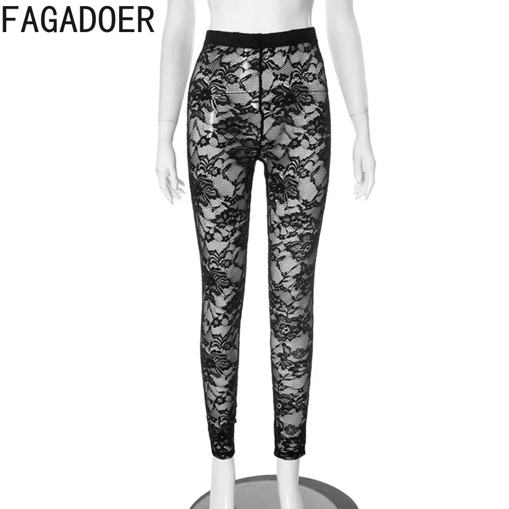 FAGADOER Sexy Mesh Leggings Pants Women Black See Through Hollow Out Skinny Lace Pants Female Party Club Streetwear 2025 New