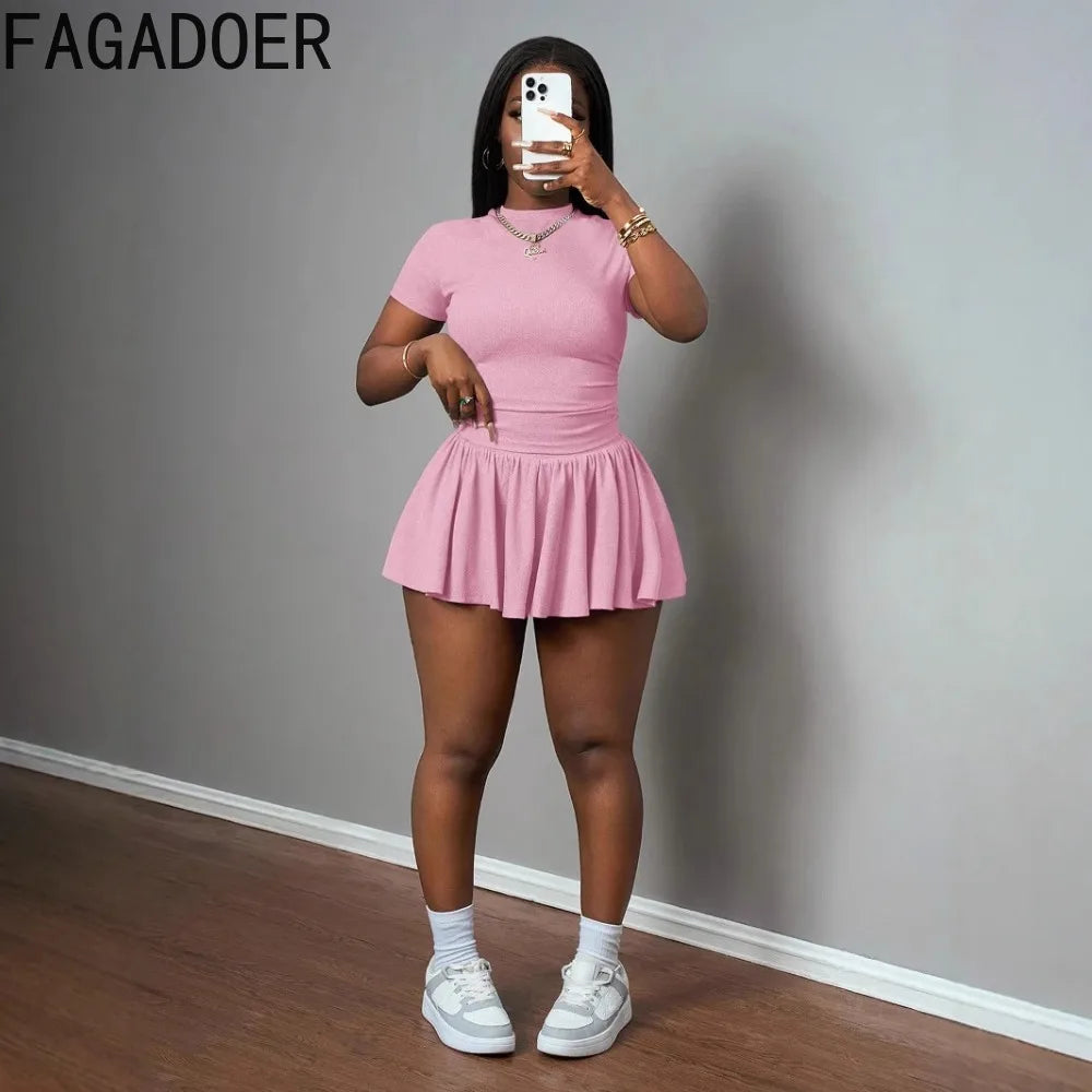 Casual Ribbed Two Piece Set with Crop Top and Pleated Skirt for Women