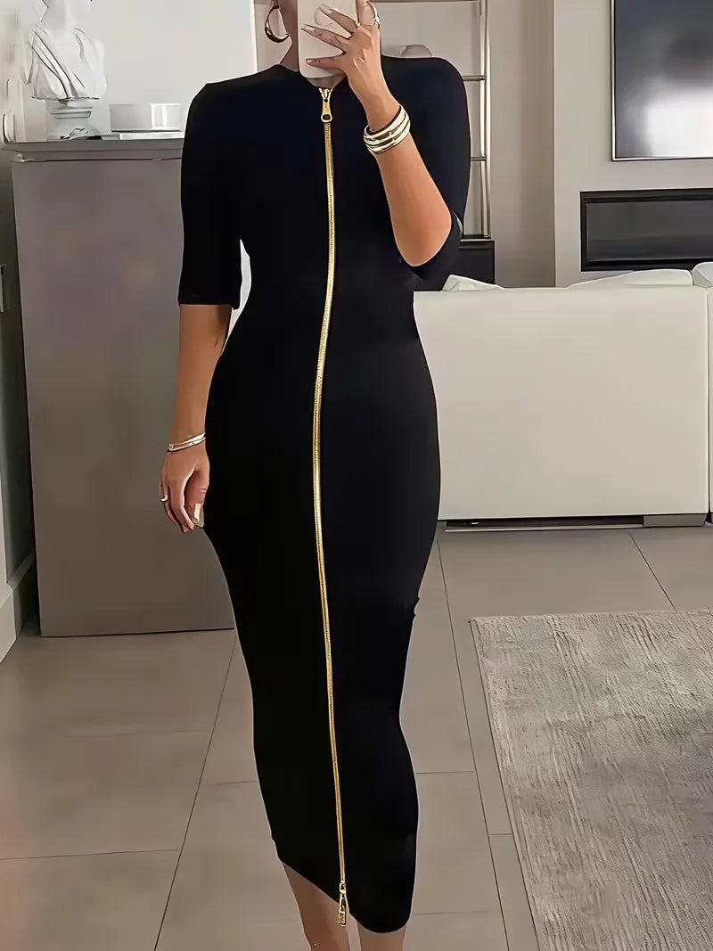 V-Neck Zipper Mid-Sleeve Ankle-Length Dress for Women