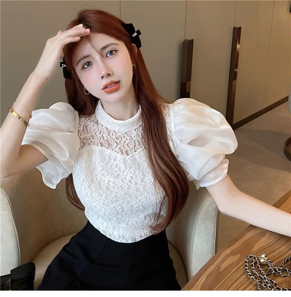 Korean V-Neck Bubble Sleeve Irregular Pleated Top for Women