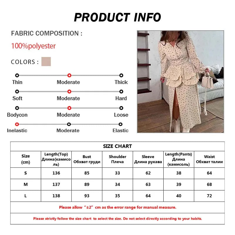 Oymimi Casual Apricot Print 2 Pieces Set For Woman Elegant Long Sleeve Button Ruffled Shirts And High Waist Side Slit Skirts Set