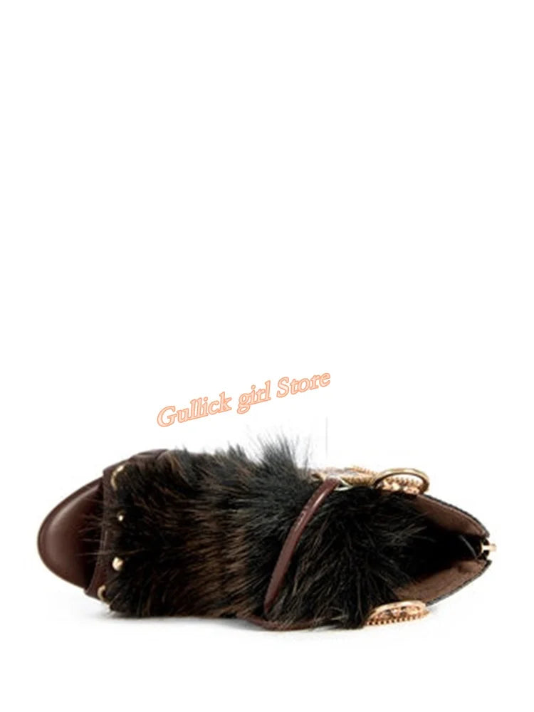 Faux Fur Open Toe Knee High Sandal Boots for Women