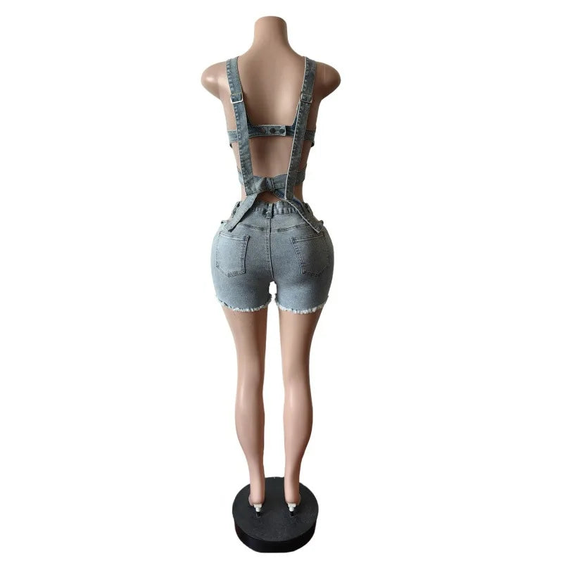 Hollow Out Denim Shorts Matching Two Piece Set for Women