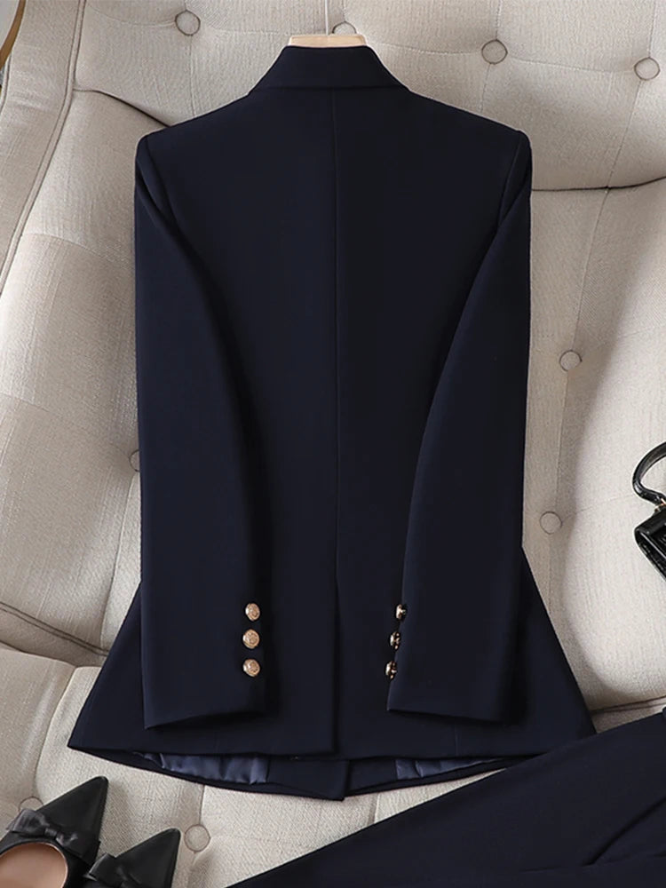 Gray Black Blue White Fashion Women Pant Suit Long Sleeve Solid Ladies Blazer and Trouser Formal 2 Piece Set For Autumn Winter