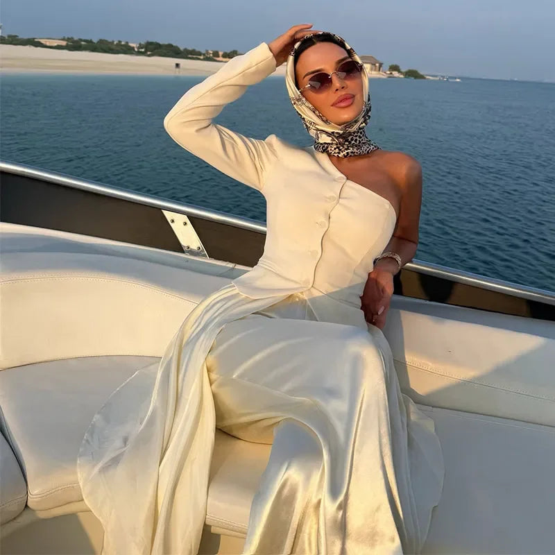 Chic White Lace Patchwork Long Blazer Set for Women
