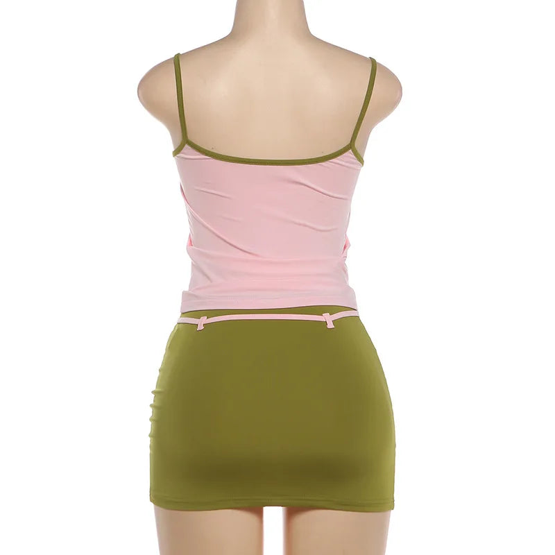 Color Blocking Two Piece Set Backless Camisole And Tassel Skirt for Women