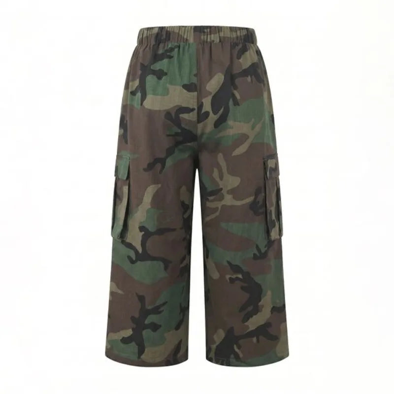 Women Camo Printed Capri Cargo Pants High Waist Loose Wide Leg Casual Streetwear Cropped Trousers