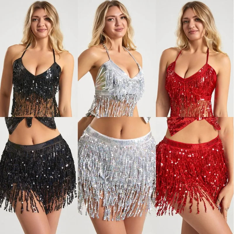 Sequined Tassel Latin Dance Crop Top and Skirt Set for Women