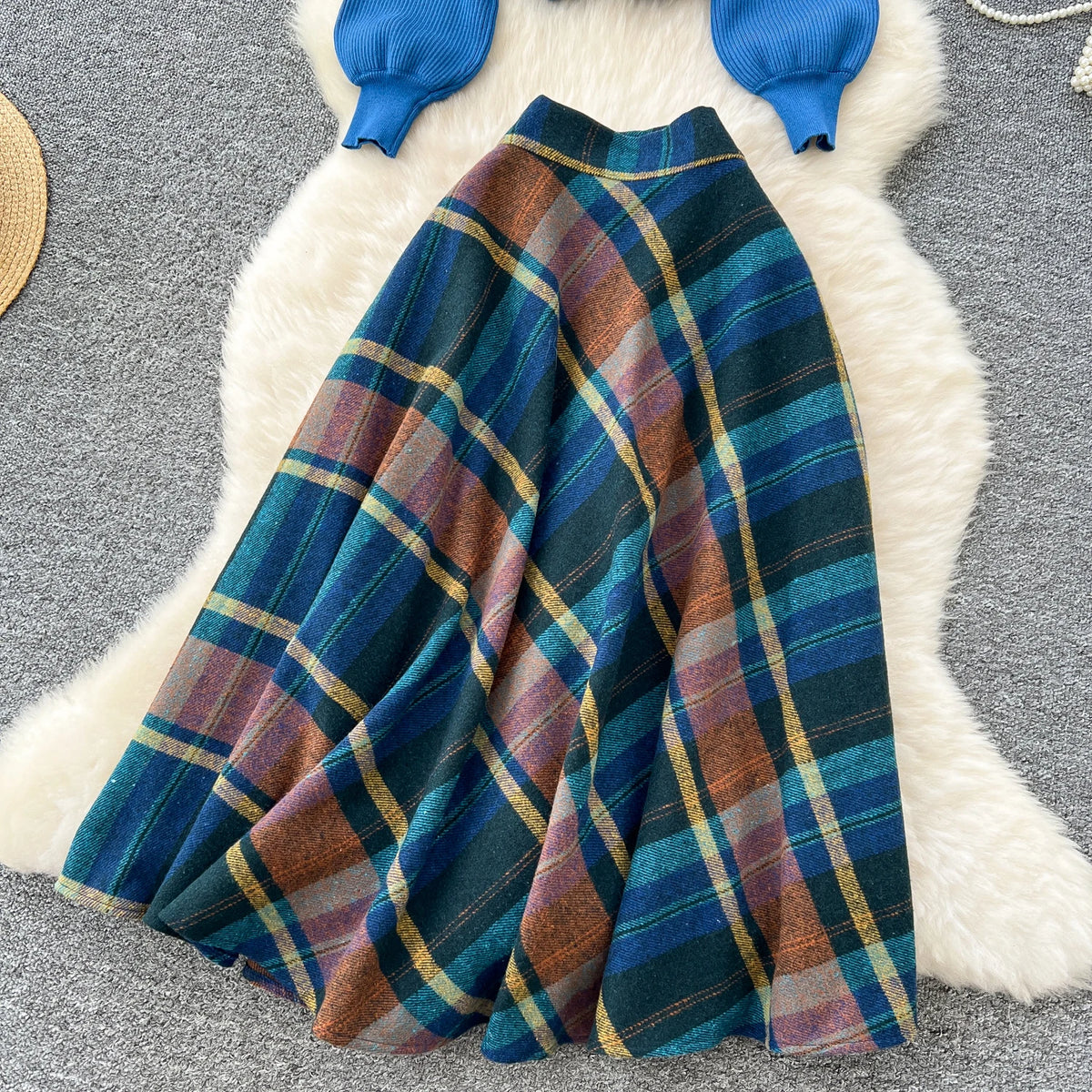 Plaid Knitted Sweater and Long Skirt Two Piece Set for Women