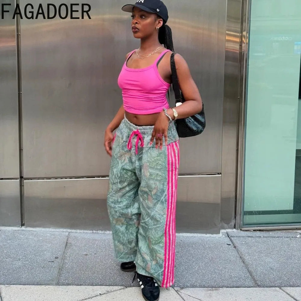 HLJ Fashion Camouflage Print Straight Leg Pants Women Stripe Drawstring Patchwork Pants Casual Female Streetwear Bottoms 2025