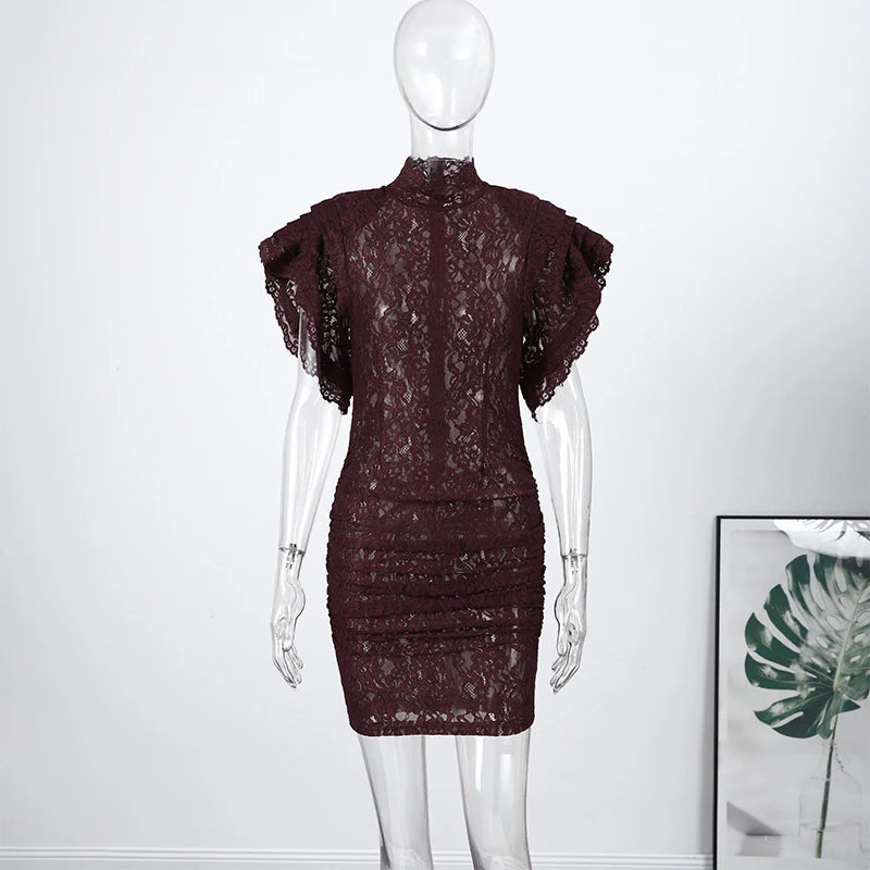 Sheer Lace Flared Sleeve Knee Length Party Dress for Women