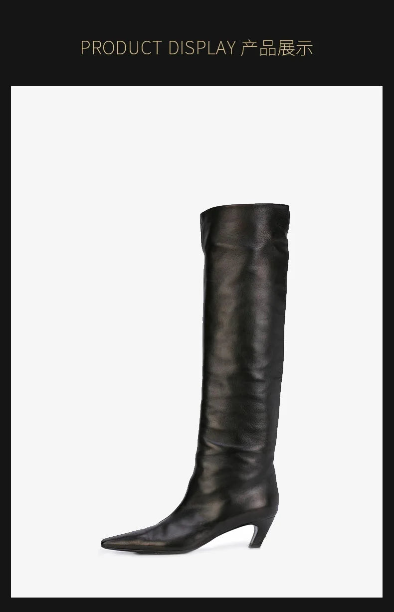 Square Toe Leather Knee High Boots With Zip Closure For Women
