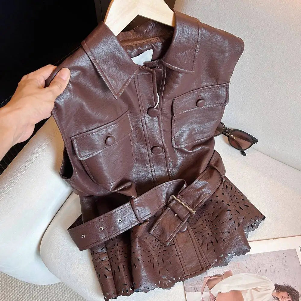 Retro Lapel Belted Leather Sleeveless Vest for Women