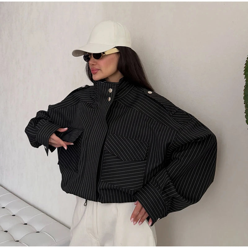Casual Cropped Jacket With Stand Collar and Drawstring Hem for Women