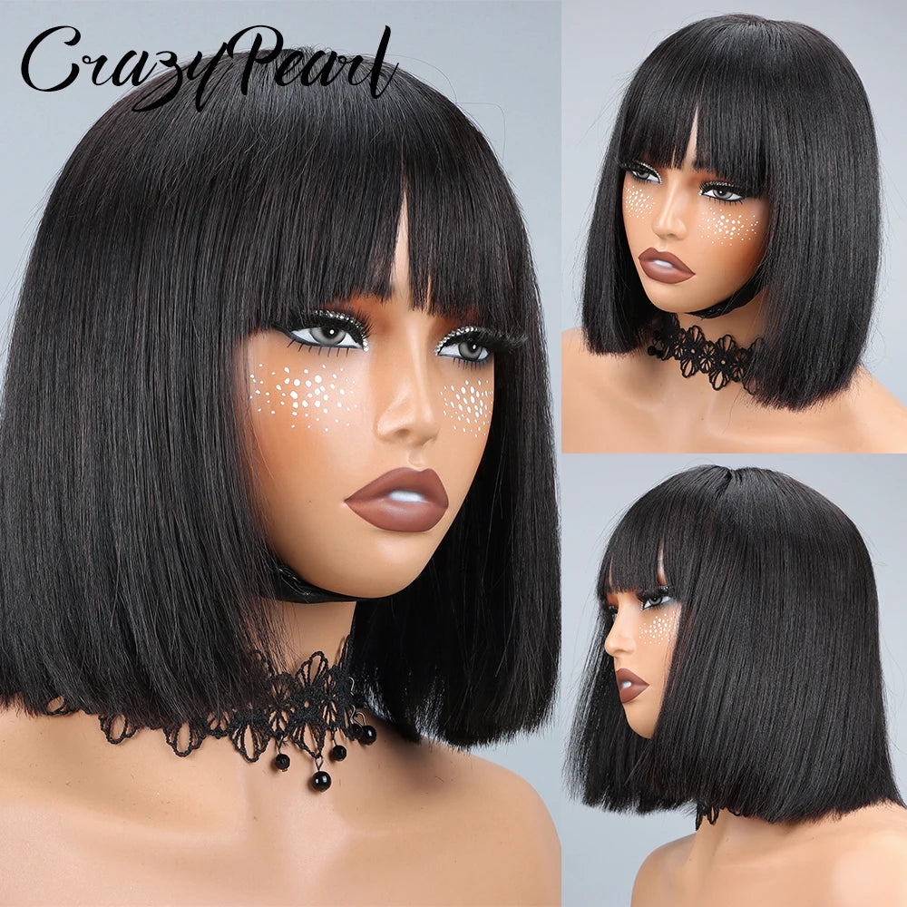 Straight Short Bob Human Hair Wig with Bangs for Women