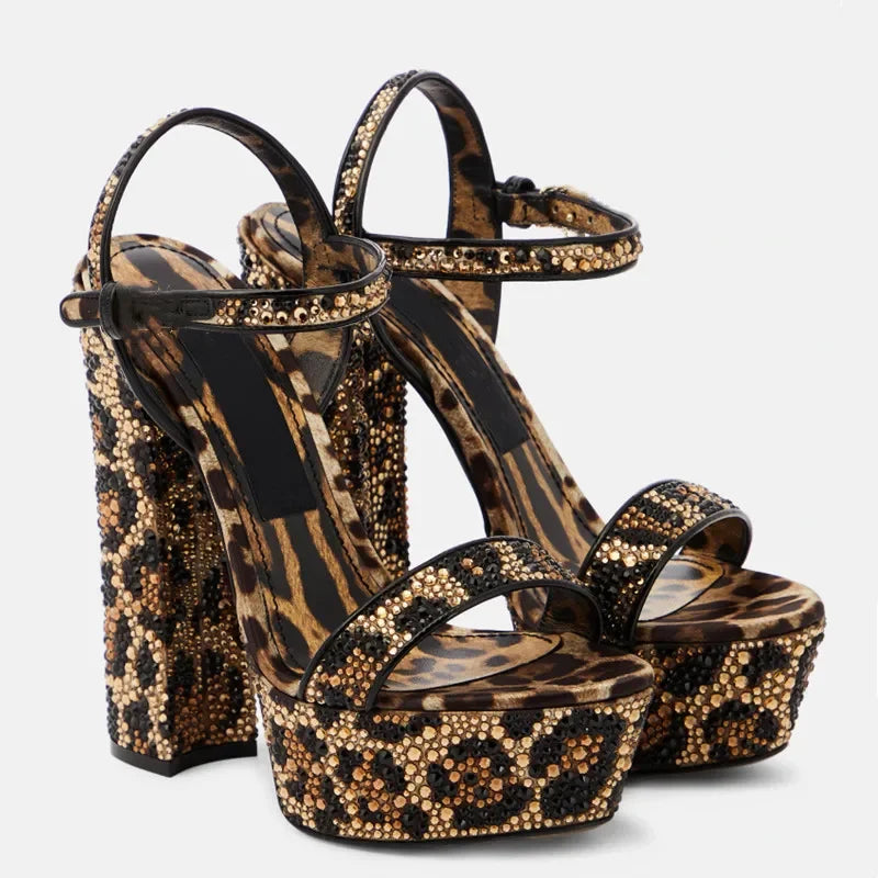 Open Toe Leopard Print Rhinestone Platform Heels for Women