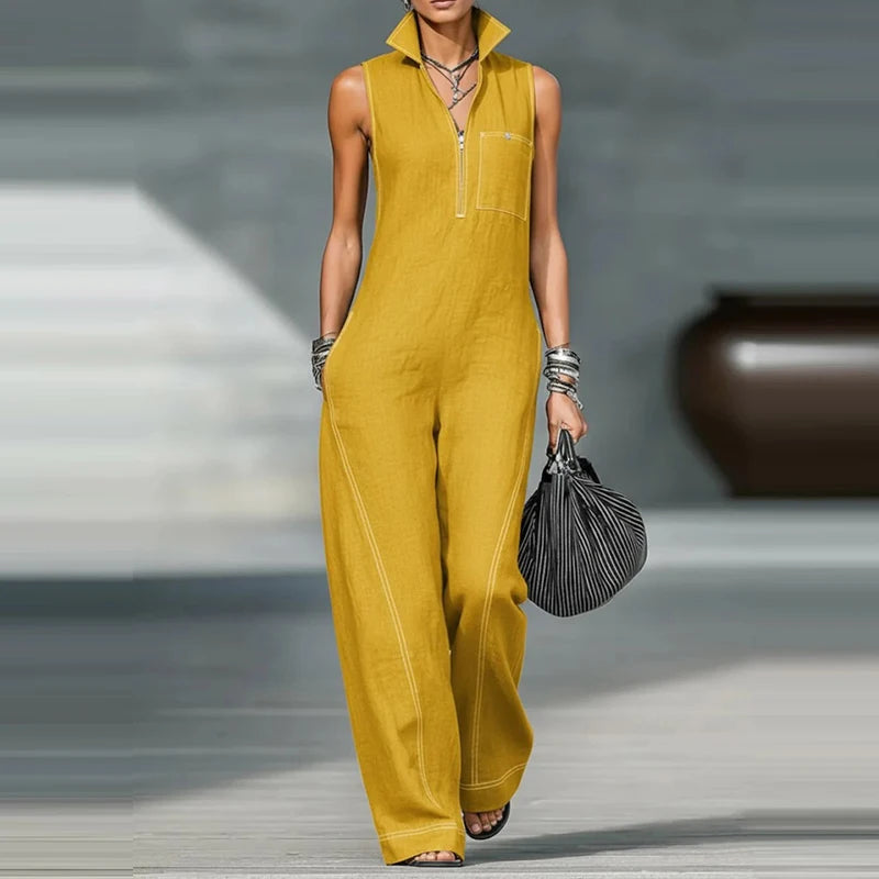 Stand Collar Pocket Sleeveless Wide Leg Jumpsuit for Women