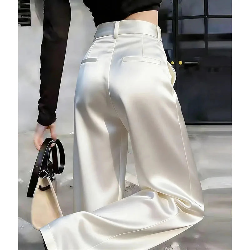 High Waist Solid Color Satin Wide Leg Trousers For Women