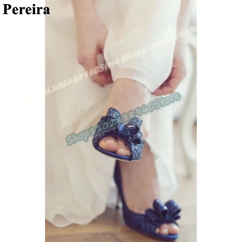 Bling Slingback Dark Blue Glitter Bowknot Sandals Thin High Heel Shoes For Women Back Strap Peep Toe Sparkling Banquet Sandals