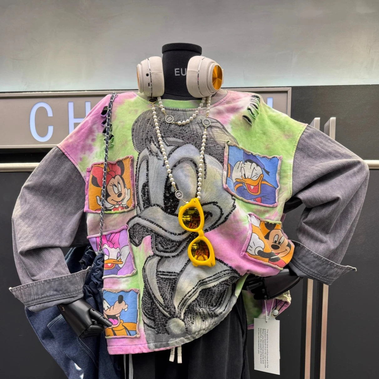 Autumn New Heavy Stitching Denim Trendy Brand Cartoon Duck Gradient Color Round Neck Fashion Pullover Sweatshirt for Women